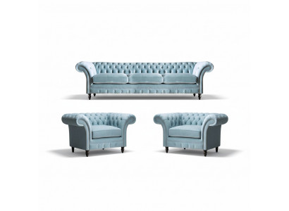 Chesterfield gestoffeerde zitmeubelen blauwe bankstel 3-zits 2x fauteuils