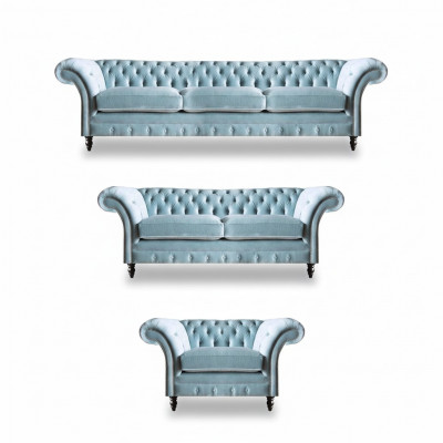 Luxe Blauwe Chesterfield Bekleding Set Driezits Fauteuil 3-delig