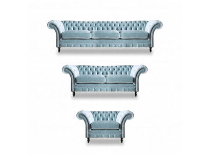 Luxe Blauwe Chesterfield Bekleding Set Driezits Fauteuil 3-delig