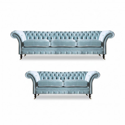 Stijlvolle lichtblauwe Chesterfield designer set driezitter tweezitter