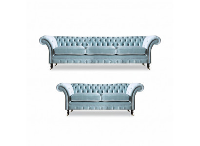 Stijlvolle lichtblauwe Chesterfield designer set driezitter tweezitter