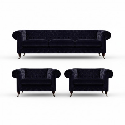 Blauwe Chesterfield bankstel designer 3-zitter 2x fauteuils 3-delig.