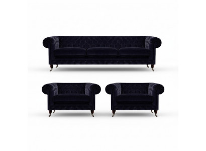 Blauwe Chesterfield bankstel designer 3-zitter 2x fauteuils 3-delig.
