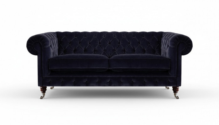 Donkerblauwe Chesterfield tweezitter woonkamer elegant stoffen bank couch