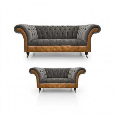 Lichtgrijs-Bruin Chesterfield Bankstel Elegante Zitmeubelen Moderne Set