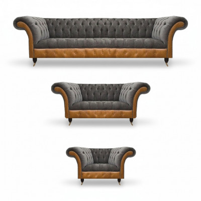 Grijs-Bruine Chesterfield Zithoek Bekledingsbanken Textiel Banken 3-delig
