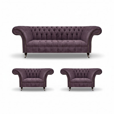Chesterfield donkerpaarse bankstel driezitter 2x textiel stoel 3-delig.
