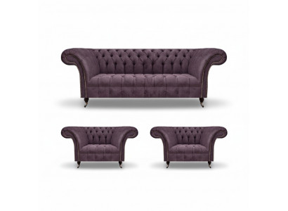 Chesterfield donkerpaarse bankstel driezitter 2x textiel stoel 3-delig.