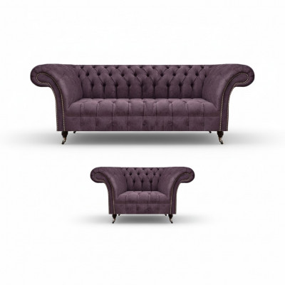Chesterfield Lila Woonkamer Bankstel Elegante 3-Zits Textiel Fauteuil
