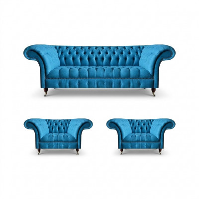 Woonkamer Chesterfield Zithoek Elegante Driezitter 2x Gestoffeerde Fauteuils