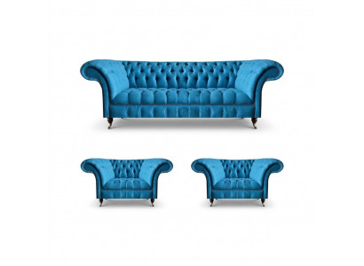 Woonkamer Chesterfield Zithoek Elegante Driezitter 2x Gestoffeerde Fauteuils