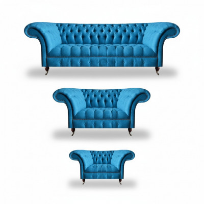 Chesterfield Lichtblauwe Designer Zitmeubels Elegante 3-Zits Tweezits 3-delig.