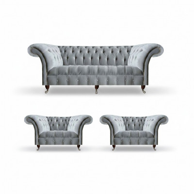 Lichtgrijze Chesterfield zitset driezits eenzitter 2x stoel 3-delig