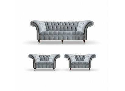 Lichtgrijze Chesterfield zitset driezits eenzitter 2x stoel 3-delig