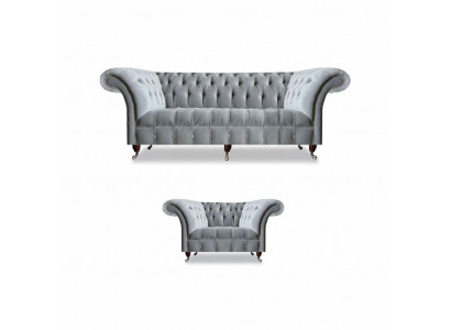 Complete grijze Chesterfield zitmeubelen, stijlvolle leunstoel en 3-zits bank.