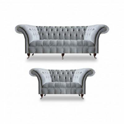 Chesterfield lichtgrijze stoffering Designer 2x stoffen bank 2-delig