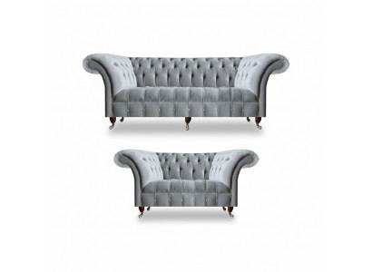 Chesterfield lichtgrijze stoffering Designer 2x stoffen bank 2-delig