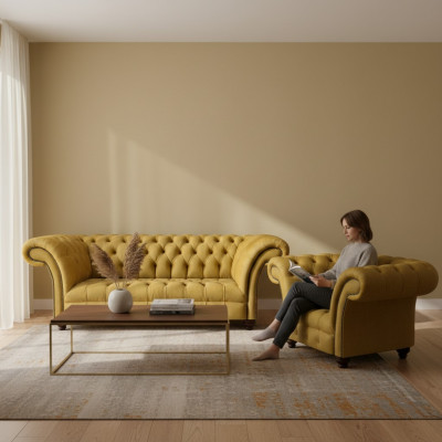 Luxe Chesterfield Gele Bank Stof Fauteuil Moderne 3-Zits 2-delig