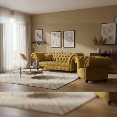 Luxe Chesterfield Gele Bank Stof Fauteuil Moderne 3-Zits 2-delig