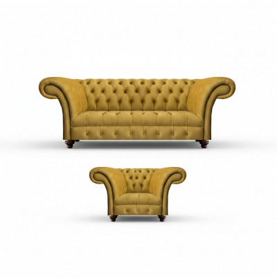 Luxe Chesterfield Gele Bank Stof Fauteuil Moderne 3-Zits 2-delig
