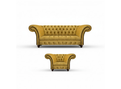 Luxe Chesterfield Gele Bank Stof Fauteuil Moderne 3-Zits 2-delig