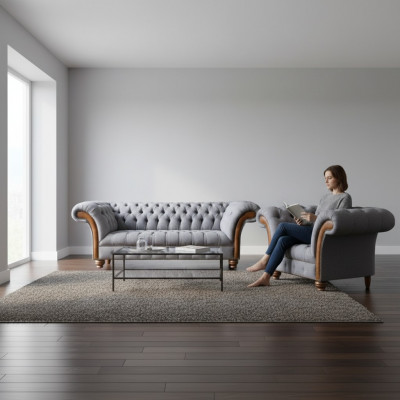 Luxueuze Chesterfield Lichtgrijze Bankstel Beklede Banken Elegante Fauteuil.