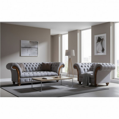 Luxueuze Chesterfield Lichtgrijze Bankstel Beklede Banken Elegante Fauteuil.