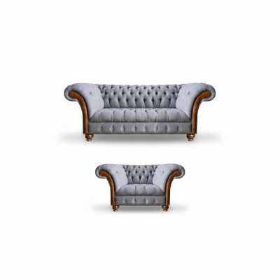 Luxueuze Chesterfield Lichtgrijze Bankstel Beklede Banken Elegante Fauteuil.