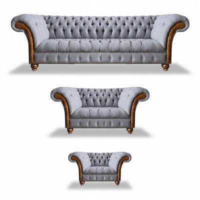 Chesterfield lichtgrijze gestoffeerde bankstel textiel designer 3-delige set