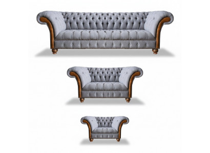 Chesterfield lichtgrijze gestoffeerde bankstel textiel designer 3-delige set