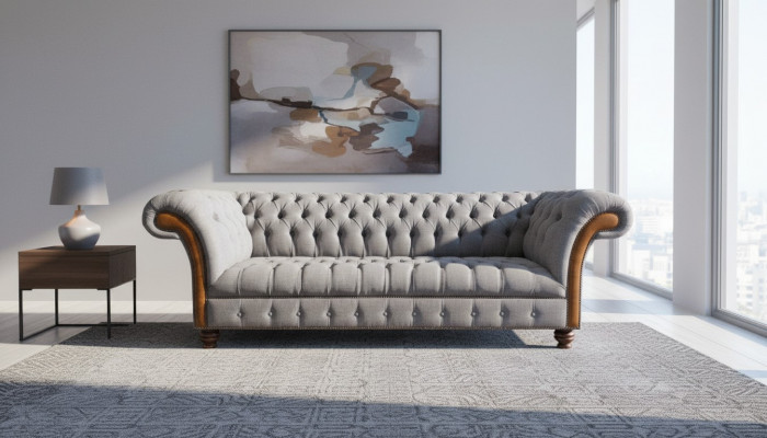 Lichtgrijze Chesterfield gestoffeerde bank woonkamer designer 4-zits bank