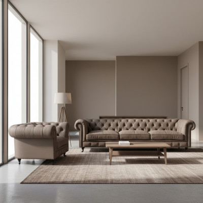 Lichtgrijze Chesterfield gestoffeerde meubels, luxe textielen banken, luxe fauteuils.