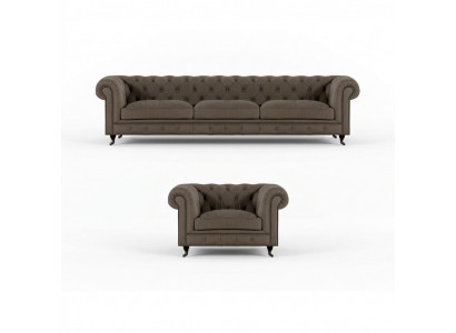 Lichtgrijze Chesterfield gestoffeerde meubels, luxe textielen banken, luxe fauteuils.