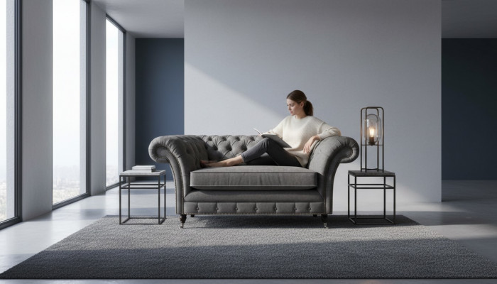 Luxe grijze Chesterfield fauteuil gestoffeerde designstoel