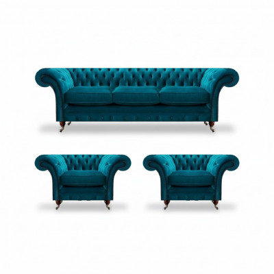 Chesterfield Blauwe Banken Stoffen Sofa's Woonkamer Textiele Zitmeubels 3-delig