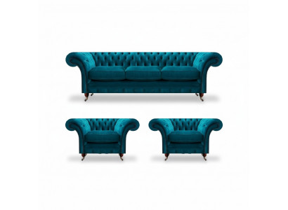 Chesterfield Blauwe Banken Stoffen Sofa's Woonkamer Textiele Zitmeubels 3-delig