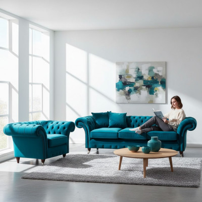 Lichtblauw Chesterfield gestoffeerde set designer 3-zitsbank fauteuil
