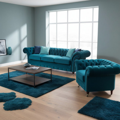 Lichtblauw Chesterfield gestoffeerde set designer 3-zitsbank fauteuil