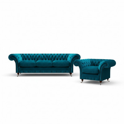 Lichtblauw Chesterfield gestoffeerde set designer 3-zitsbank fauteuil