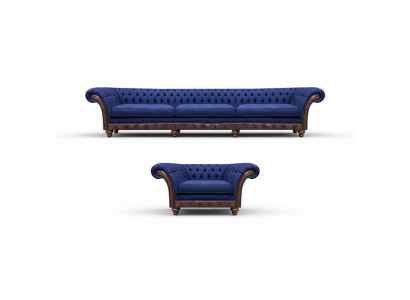 Blauwe Chesterfield gestoffeerde design 3-zitsbank met stoffen fauteuils, 2-delig.