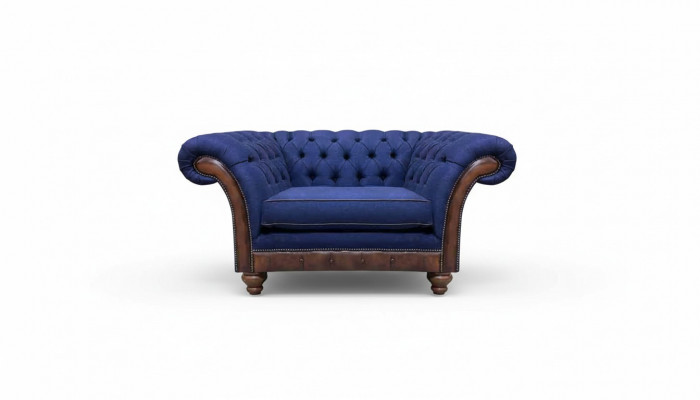 Luxueuze Chesterfield blauwe fauteuil gestoffeerd meubilair designer leunstoel