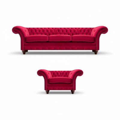 Chesterfield Rode Bankstel Elegante Textielfauteuil Driezitsbank