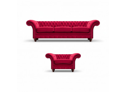 Chesterfield Rode Bankstel Elegante Textielfauteuil Driezitsbank