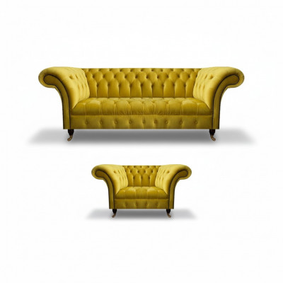 Moderne gele Chesterfield gestoffeerde set, stijlvolle 3-zits textiel stoel.