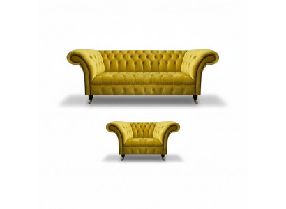 Moderne gele Chesterfield gestoffeerde set, stijlvolle 3-zits textiel stoel.