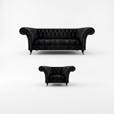 Chesterfield zwarte gestoffeerde meubelen designer woonkamer bank stoel 2-delig.