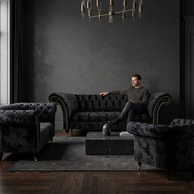 Zwart textiel Chesterfield garnituur luxe driezits leunstoel 3-delig