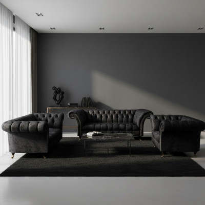 Zwart textiel Chesterfield garnituur luxe driezits leunstoel 3-delig