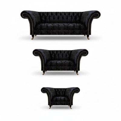 Zwart textiel Chesterfield garnituur luxe driezits leunstoel 3-delig
