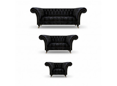 Zwart textiel Chesterfield garnituur luxe driezits leunstoel 3-delig